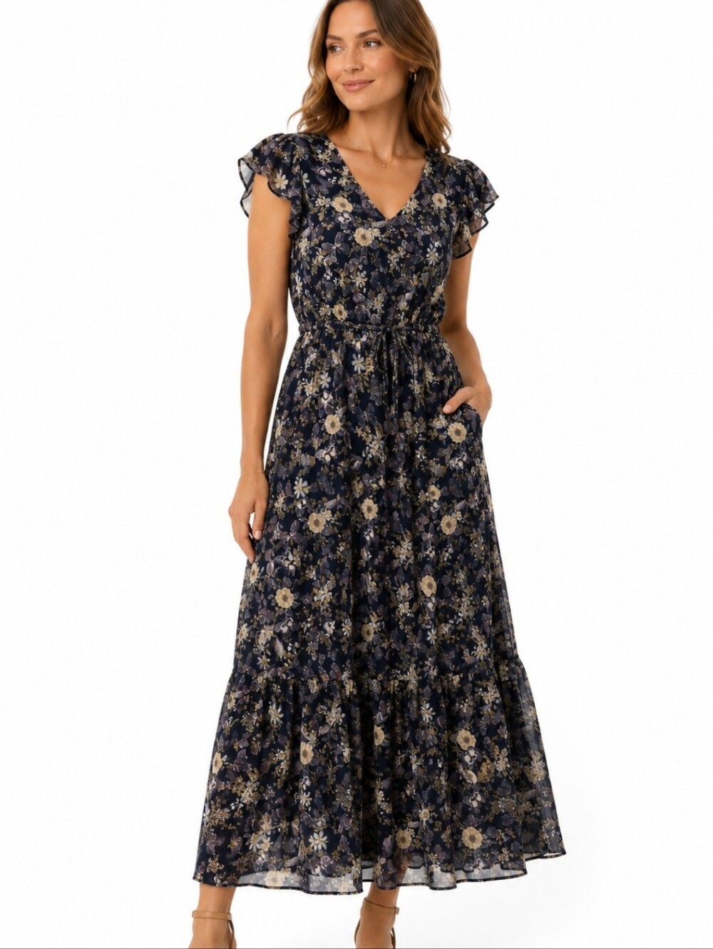FRYE AND CO. Navy Floral Maxi Dress with Cream & Tan Flowers